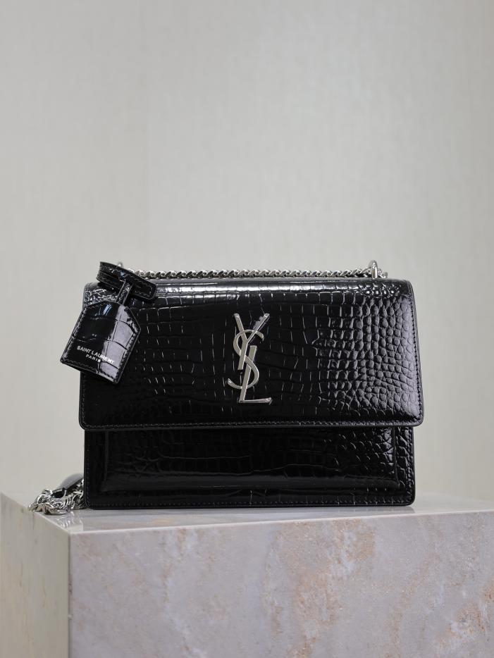 SAINT LAURENT motivo coccodrillo nero con fibbia argento·sunset 22 cm tramonto