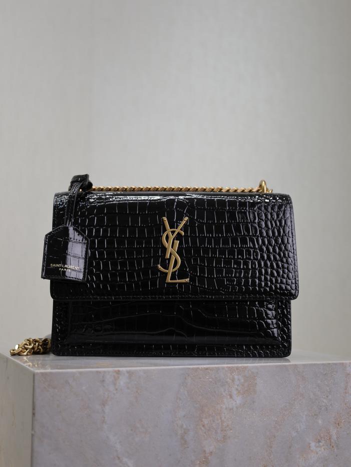 SAINT LAURENT motivo coccodrillo nero con fibbia dorata·sunset 22 cm tramonto
